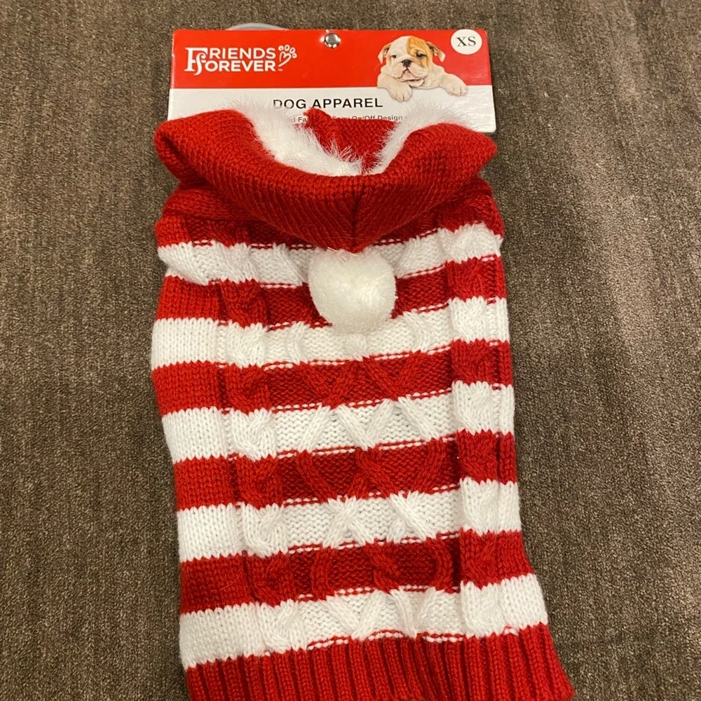 Friends Forever Red And White Striped‎ Hooded Dog Sweater Size Extra Small